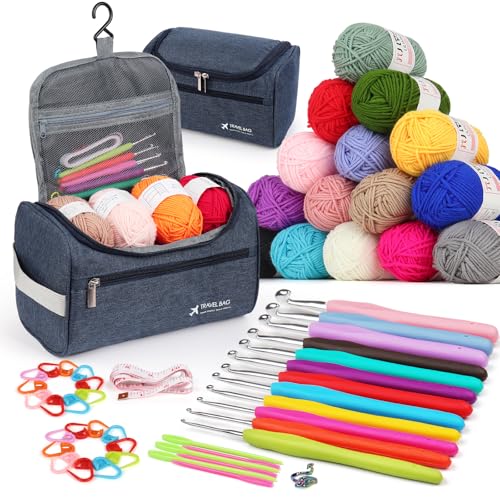 Aeeque Häkelset mit 15 Acrylwolle, Basis Häkelset für Anfänger, Metall Häkelnadeln Set mit Hängender Typ Tasche, Häkelsets Erwachsene zum Häkeln, Ergonomisches Häkel Starter Set 2,0 mm- 8,0 mm, Blau von Aeeque