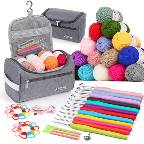 Aeeque Häkelset mit 15 Acrylwolle, Basis Häkelset für Anfänger, Metall Häkelnadeln Set mit Hängender Typ Tasche, Häkelsets Erwachsene zum Häkeln, Ergonomisches Häkel Starter Set 2,0 mm- 8,0 mm, Grau von Aeeque