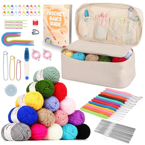 Aeeque Häkelset mit 15 Wolle, Häkelset für Anfänger Erwachsene Kinder, Häkel Set mit Ergonomisch Häkelnadel zum Häkeln Schals, Pullover, Decke, Bunte Crochet Set mit Häkeltasche, Zubehör, Beige von Aeeque