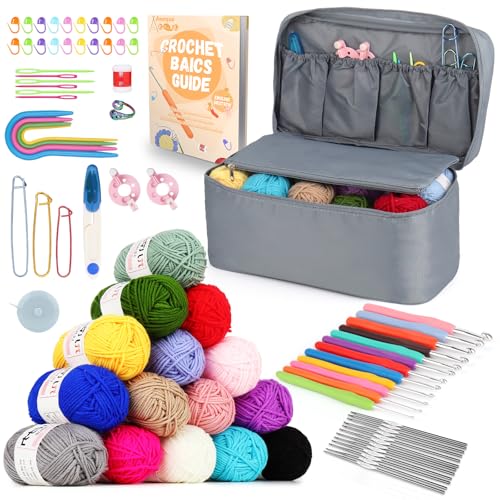 Aeeque Häkelset mit 15 Wolle, Häkelset für Anfänger Erwachsene Kinder, Häkel Set mit Ergonomisch Häkelnadel zum Häkeln Schals, Pullover, Decke, Bunte Crochet Set mit Häkeltasche, Zubehör, Grau von Aeeque