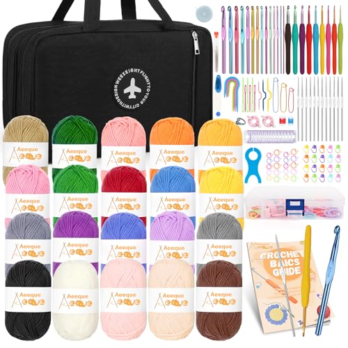 Aeeque Häkelset mit 20 Wolle, Häkelset für Anfänger Erwachsene Kinder, Häkel Set mit Ergonomisch Häkelnadel zum Häkeln Schals, Pullover, Decke, Bunte Crochet Set mit Häkeltasche, Zubehör, Schwarz von Aeeque