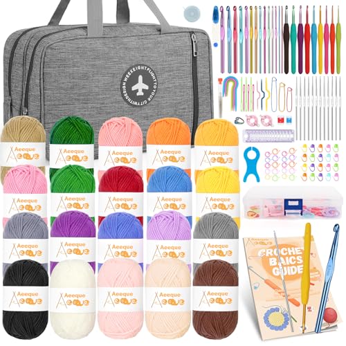 Aeeque Häkelset mit 20 Wolle, Häkelset für Anfänger Erwachsene Kinder, Häkel Set mit Ergonomisch Häkelnadel zum Häkeln Schals, Pullover, Decke, Bunte Crochet Set mit Häkeltasche, Zubehör, Grau von Aeeque