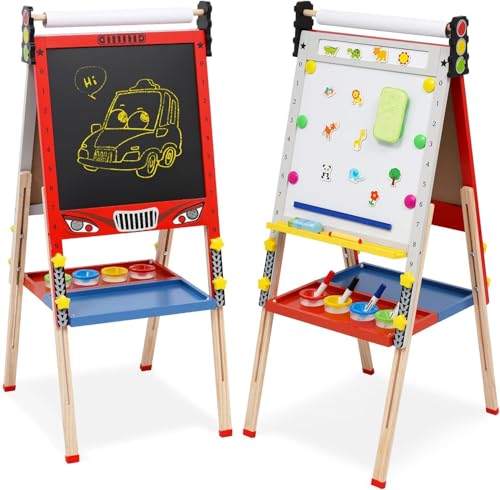 Kinder Kunst Staffelei, faltbare hölzerne Staffelei für Kinder 3 in 1 Kinder Staffelei mit Papierrolle,Höhenverstellbar Kids Easel with Paper Roll Foldable Double-Sided Whiteboard & Chalkboard von Aelbsty