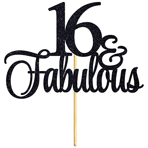 16 & Fabulous Birthday Cake Topper, Cheers to 16 Years / Happy Sweet 16 Cake Decor, Happy 16th Birthday Thema Party Dekorationen Supplies, Schwarz Glitzer von Aeryourtar