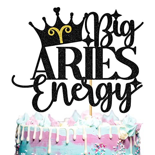 Big Aries Energy Cake Topper, Widder Geburtstag Kuchen Dekor, 12 Sternbild Sternzeichen Thema Geburtstag Party Dekorationen Supplies, Schwarz Glitzer von Aeryourtar