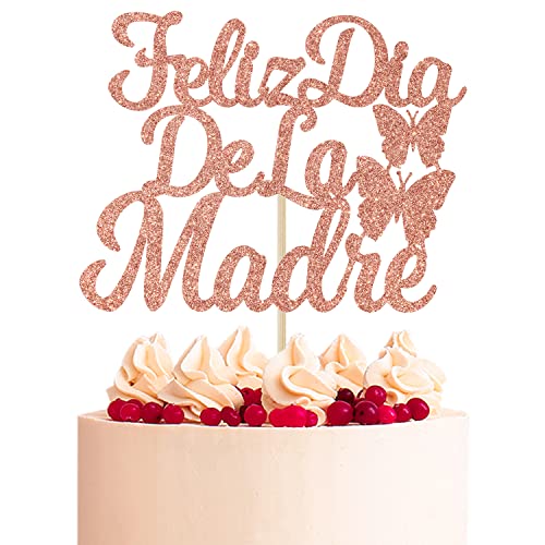 Feliz Dia De la Madre Tortenaufsatz, Spanish Best Mom Ever/Feliz Cumpleanos Mama Kuchendekorationen zum Feiern "Happy Mother's Day" Partyzubehör, Roségold Glitter von Aeryourtar