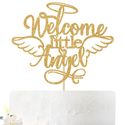 Gold Glitter Welcome Little Angel Cake Topper, Willkommen Baby Geburtstag Kuchen Dekoration, Flügel Schild Babyparty Taufe Party Dekoration Supplies von Aeryourtar