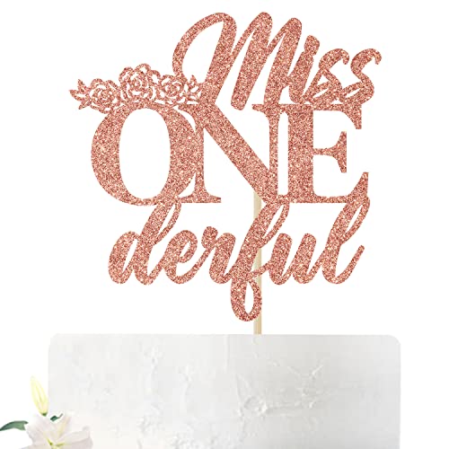 Miss One Derful Kuchendekoration – Roségold Glitzer Happy 1st Birthday Kuchendekoration für Babyparty/Baby Mädchen zum ersten Geburtstag Party Dekorationen Zubehör von Aeryourtar