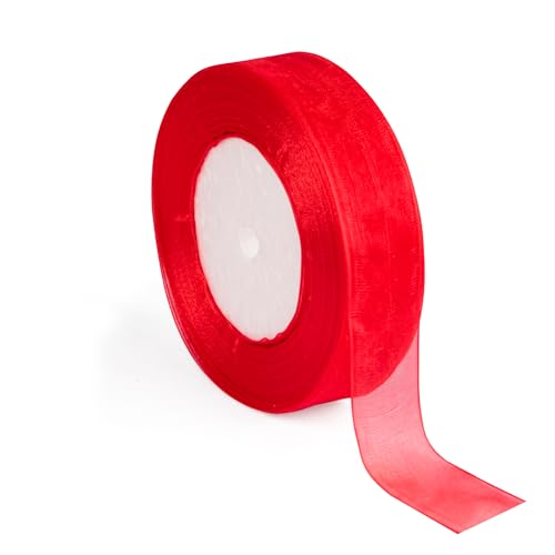 Afahok Rotes Weihnachtsband, 2,5 cm, 45,7 m/Rolle, Organza-Chiffonband zum Dekorieren von Geschenkverpackungen, Schleife, perfekt für eine Baumspitze von Afahok