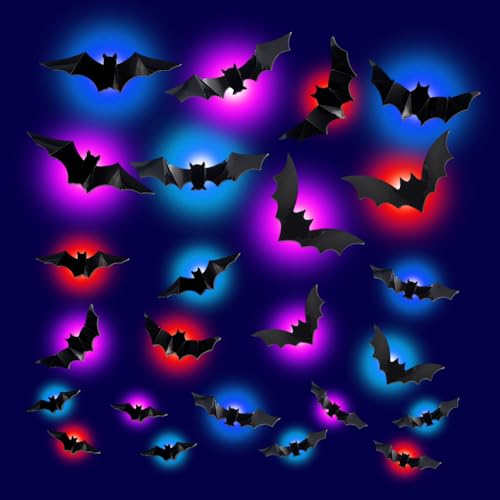 Afenau 24 Stück Halloween Fledermaus Deko, 3D LED Fledermaus Lichter, Halloween Fledermaus Aufkleber, Simulation Fledermaus Licht für Halloween, Mardi Gras, Themenpartys (10 Größen) von Afenau