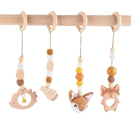 Afenau 4 Stück Spielbogen Anhänger Baby Holz,Spielbogen Baby Spielzeug,Spielbogen Baby Holz,Spielebogen Baby Gym Anhänger Holz,Spielebogen Babies Holz für Babyschale,Kinderwagen,Autositz Spielzeug von Afenau