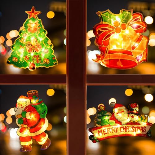 Afenau 4er Set LED Saugnapf Weihnachten Lichter, Weihnachtsbeleuchtung Fenster mit Saugnapf und Haken, Doppelseitige Farbe Weihnachtsdeko Fenster Beleuchtet für den Innen- und Außeneinsatz von Afenau