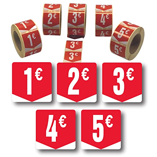 Affichesstore 30210 Aufkleber, 2500 Stück, 5 Rollen à 500 Etiketten, selbstklebend, Format 35 x 35 mm, abgerundete Kanten, 1€-2€-3€-4€-5€ von Affichesstore