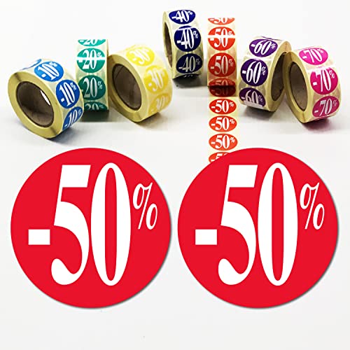 Affichesstore 30249-2 Rollen mit 500 selbstklebenden Etiketten, Ø 25 mm, selbstklebend, glänzend, 50 % für Rabatt/Promotion/Verkauf von Affichesstore