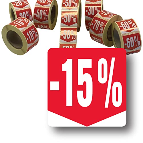 Affichesstore 30281 – Rolle mit 500 selbstklebenden Etiketten, 15 % – quadratisches Format 35 x 35 mm – glänzend – selbstklebend – Aufkleber Rabatt Prozentsatz von Affichesstore