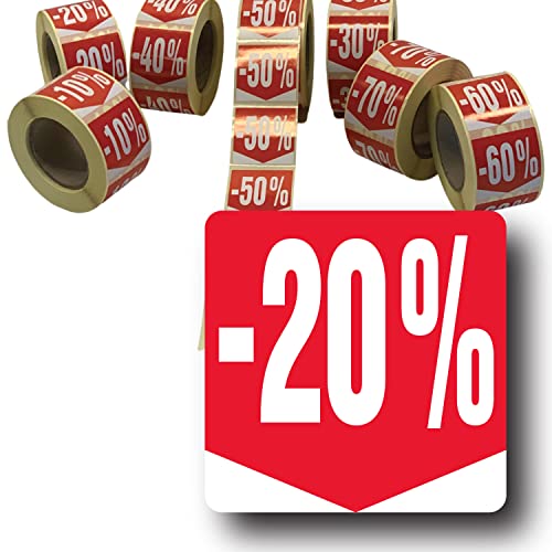 Affichesstore 30282 – Rolle mit 500 selbstklebenden Etiketten, 20 % – quadratisches Format 35 x 35 mm – glänzend – selbstklebend – Aufkleber Rabatt Prozentsatz von Affichesstore