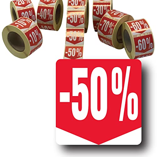 Affichesstore 30287 – Rolle mit 500 selbstklebenden Etiketten, 50 % – quadratisches Format 35 x 35 mm – glänzend – selbstklebend – Aufkleber Rabatt Prozentsatz von Affichesstore