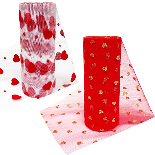 2 Rollen Herz Mesh Tüll Rolle Band Valentinstag Netz Rolle Tüll Stoff Mesh Band Rolle für Valentinstag Hochzeit Party Dekoration (Rot) von Aflyu