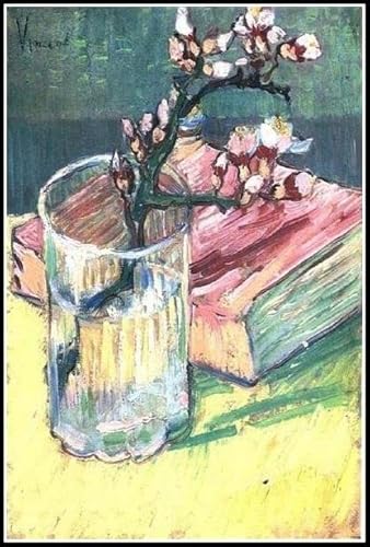 Blühender Mandelzweig in einem Glas mit einem Buch 1888 Malen von Vincent Van Gogh Malen nach Zahlen für Erwachsene Anfänger DIY Digital Malen nach Zahlen Kits auf Leinwand 40 x 50 cm von Afouptao