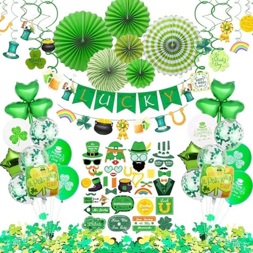 92 St. Patricks Day Dekorationen, St. Patricks Day Kleeblatt Dekoration Zubehör mit grünem Ballon, hängender Wirbel, Papierfächer, Glücksbanner, Fotokabinen-Requisiten, Konfetti für irische von Afoxon