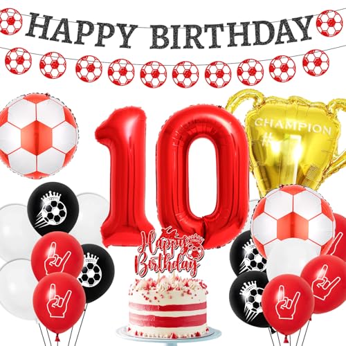 Afritee 10 Fußball Geburtstag Dekorationen - Rot Fußball Thema Geburtstag Party Dekorationen 10 Geburtstag Dekorationen für Jungen mit Happy Birthday Banner Cake Topper Fußball Ballons Trophäe Ballons von Afritee