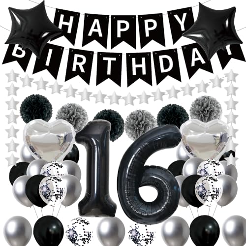 Afritee 16 Geburtstag Deko-Schwarz Silber Deko 16 Geburtstag Junge-Schwarz Silber Luftballons Happy Birthday Banner mit Pompoms Cremeweiß Nr. 16 für 16 Jahre Junge Geburtstagsdeko 16 Jahre MäDchen von Afritee