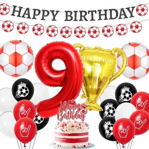 Afritee 9. Fußball Geburtstag Dekorationen - Rot Sport Thema Happy Birthday Dekorationen für Jungen 9th Fußball Geburtstag Party Dekorationen mit Banner Fußball Luftballons Trophäe Ballons Kuchen von Afritee