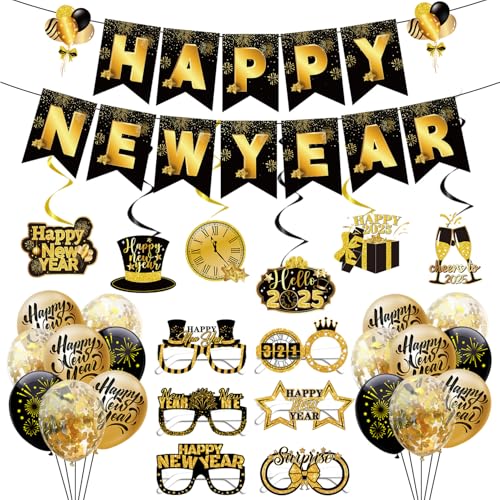 Afritee Neujahrsdekorationen 2025 – 26 Stück Happy New Years Eve Dekoration Schwarz Gold Luftballons Happy New Year Banner Hängende Wirbel Neujahr Brille NYE Dekorationen Neujahr Party Dekor Supplies von Afritee