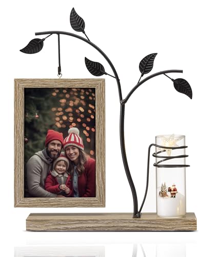 Afuly Bilderrahmen 10x15 Holz Doppelglas Natur Braun Fotorahmen mit Vase und Metall Baum Fotogeschenke Familie Geschenk für Mama Oma von Afuly