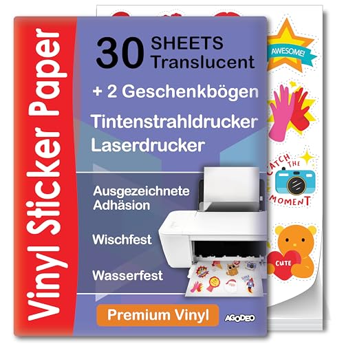 Bedruckbare Klebefolie Semi Transparent - 30 Blätter - A4 - Halb Transparentes Bedruckbares Vinyl Sticker Papier für Laser & Tintenstrahl - Wasserfest Vinylfolie - Kompatibel mit Cricut von AgoDeo