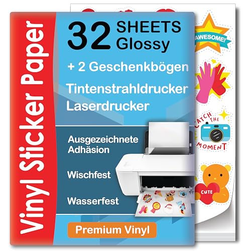 Premium Bedruckbares Vinyl Sticker Papier - 32 Glossy Blätter Sticker Papier A4 Printable Vinyl Sticker Paper - Selbstklebende Folie zum Bedrucken - Wasserabweisend und Reifest Bedruckbare Vinylfolie von AgoDeo