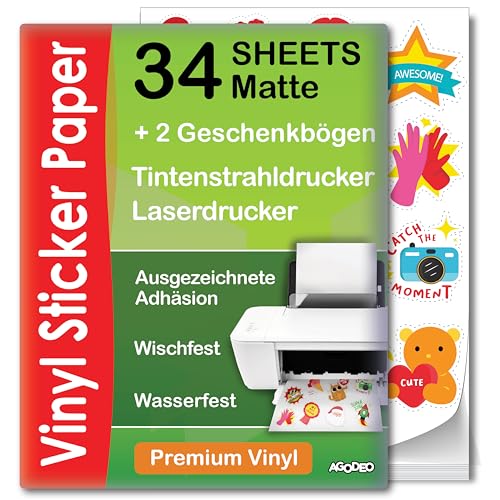 Hochwertiges bedruckbares Vinyl-Aufkleberpapier – 34 Blatt – A4 – matt – Wasserfest – für Laser- und Tintenstrahldrucker geeignetes Vinyl-Aufkleberpapier – kompatibel mit Cricut von AgoDeo