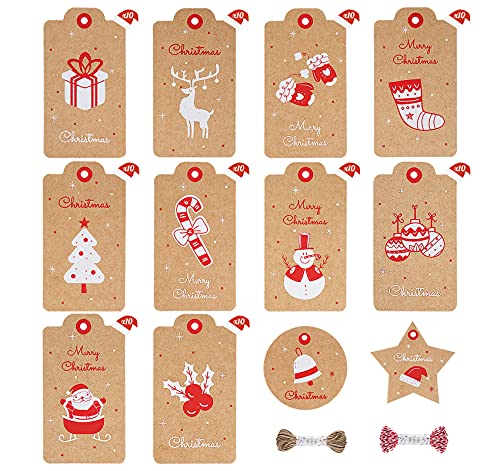 12 Designs Weihnachts-Geschenkanhänger aus Kraftpapier, 120 Stück Anhänger Etiketten mit Schnur für Weihnachten, Partys, Hochzeiten, 5X9cm von Agoer