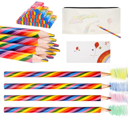 Agoer 22 Stück Regenbogenstift Set, 4 in 1 Farben Buntstifte Kinder - 10 Radiergummi Kinder+ 1 Grußkarte und 1 DIY Federtasche, Mitgebsel für Mitgebsel Kindergeburtstag Junge Mädchen von Agoer