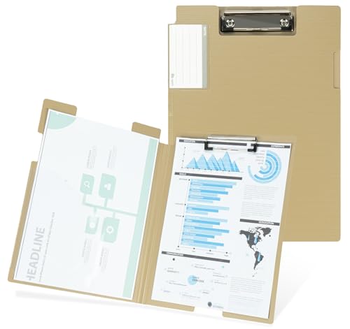 Agoer Klemmbrett DIN A4, Faltbar Klemmbrettmappe A4 - Beidseitige Verwendung Clipboard A4 Ordner, Leichten Klemmbretter mit Stifthalter und Etikettentasche für Schule/Industrie/Büro/Arzt (Braun) von Agoer