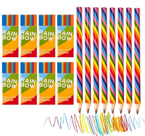 Agoer Regenbogenstift Set, 16 Stück 4 in 1 Farben Buntstifte Kinder - 8 Radiergummi Kinder Stifte Kinder, Give Aways Kindergeburtstag, Ideal für Kritzeln, Malerei, Kunst, an Junge Mädchen von Agoer