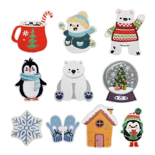 10 Stück Winter Bügelbilder Schneeflocke Schneemann Eisbär Pinguin Baum Zuckerstange bestickte Patches Urlaub Geschenke DIY Handwerk für Kleidung, Jacken, Jeans, Hosen, Kleid, Rucksack, Hüte von Ahapego