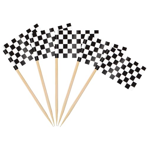 AhfuLife 100 Stück Karierten Rennen Zahnstocher Flaggen, Checkered Racing Fahne Klein Cocktail Zahnstocher Cupcake Toppers für Rennwagen Kindergeburtstag Rennwagenparty PartySportveranstaltungen Deko von AhfuLife