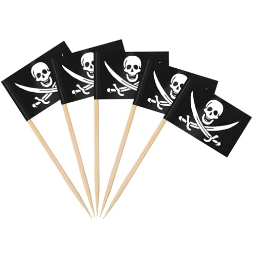 AhfuLife 100 Stück Piraten Zahnstocher Flaggen, Piraten Paty Deko Fahne Klein Cocktail Zahnstocher für Lebensmittel Cupcake Toppers Toothpick Partyzubehör Kinder Halloween Geburtstag Party Dekoration von AhfuLife