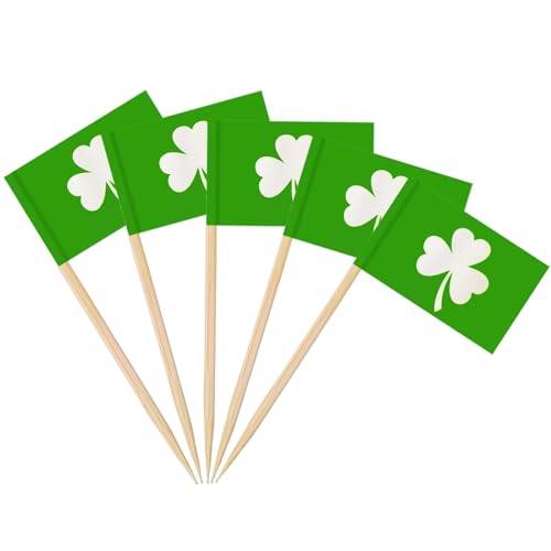 AhfuLife 200 Stück Grüne Blätter Zahnstocher Flaggen, Irische Fahne Klein Zahnstocher für Sandwich Lebensmittel Cupcake Toppers Toothpick Cocktail Obst Partyzubehör St Patricks Day Partydeko von AhfuLife