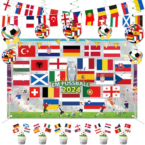 AhfuLife EM Dekoration 2024 Set, EM Fahnen Wimpelkette, 180 * 110 cm EM Fussball 2024 Hintergrund Banner, 24 Stück EM Fußball Deko Hängende Wirbel und 100 Stück Euro Fußball 2024 Zahnstocher Flaggen von AhfuLife