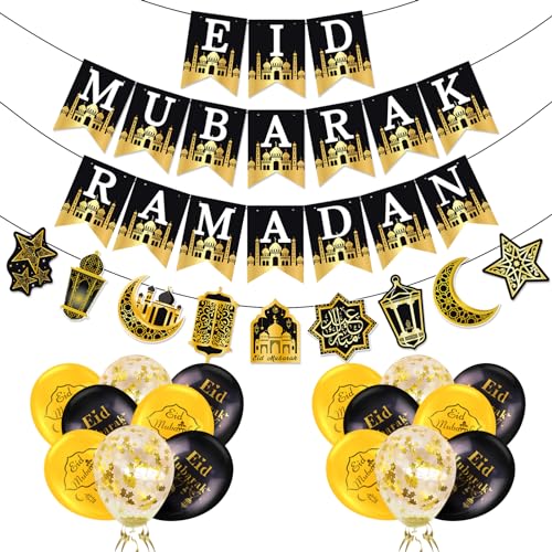 AhfuLife Eid Mubarak Girlande Banner Luftballons Dekoration Set, Eid Mubarak Ramadan Banner Deko, Gold & Schwarz Eid Stern Mond Girlande mit 16 Stück Eid Luftballons für Muslim Islamic Eid Party Deko von AhfuLife