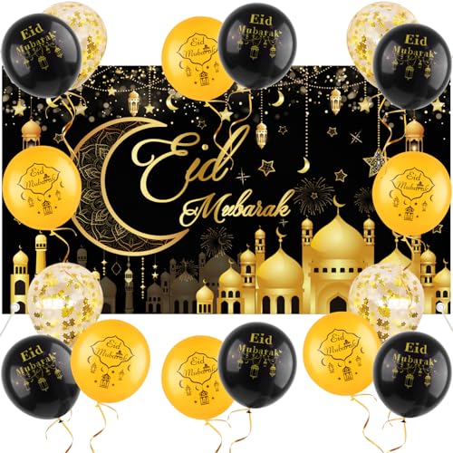 AhfuLife Eid Mubarak Hintergrund Banner 200 * 110 cm, Extra Große Eid Mubarak Stoff Hintergrund mit 16 Stück Eid Mubarak Luftballons für Eid Mubarak Dekoration Muslim Islamische Zuhause Party Deko von AhfuLife