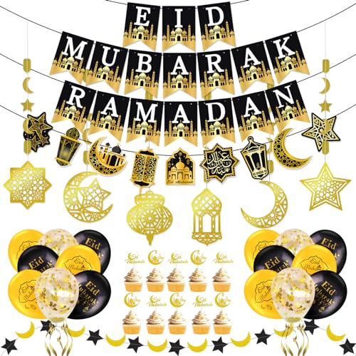 AhfuLife Eid Mubarak Banner Girlande Luftballons Dekoration Set, Vormontiert Eid Mubarak Ramadan Banner, 6 Islamic Stern Mond Girlande Spirale, 16 Eid Luftballons, 10 Cake Topper für Eid Party Deko von AhfuLife