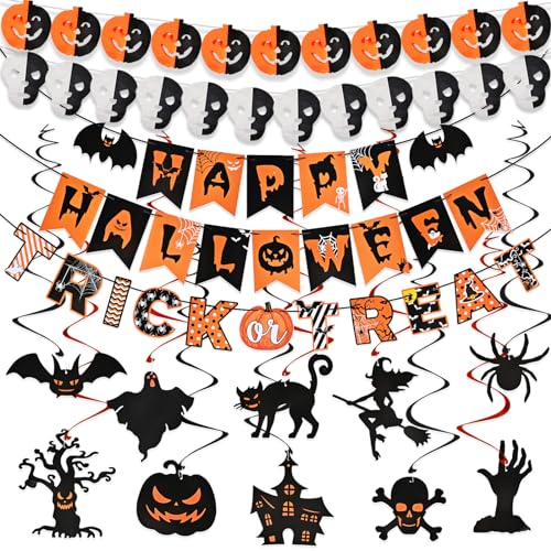 AhfuLife Halloween Deko Set, Wiederverwendbare Halloween Party Deko Indoor Outdoor - Happy Halloween Dekoration Girlande Kinder, Halloween Banner & Hängedeko, Halloween Deko für Gruse Party und Garten von AhfuLife