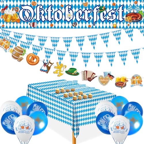 AhfuLife Oktoberfest Deko Set, 12m Bayerische Oktoberfest Flaggen Girlande, 300x60cm Oktoberfest Banner, 12Stk Oktoberfest Luftballon, 100Stk Zahnstocher-Flaggen, Tischdecke für Oktoberfest Party Deko von AhfuLife