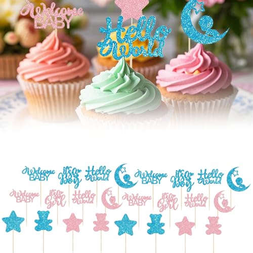 AhhiAboo 24 Stück Geburtstagstorten Einsatz Cupcake Dekorationen - Blau Rosa Geburtstag Cupcake Toppers Kuchen Glitter Einfügen - Mond Bär Baby Dusche Kuchen Topper Dekorationen für Jungen und Mädchen von AhhiAboo