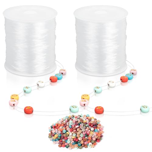 AiQInu 240m Elastische Schmuckfaden, Transparente Perlen Faden, 0.7 mm Unsichtbare Nylonschnur, für DIY Handwerk Schmuckherstellung Halsketten (2 Rollen+500 Pcs Alphabet Perlen) von AiQInu