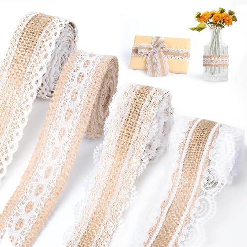 AiQInu 4 Rollen Juteband mit Spitze 2M, Spitzenband Jutestoff Dekoband, Vintage Jute Band Rolle mit Weisse Spitzen für DIY Handwerk Hochzeit Party Geschenkband von AiQInu