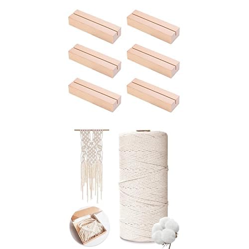 AiQInu Bundle of Kartenhalter Holz, 6 Stück Menükartenhalter aus Buchenholz Makramee Garn 2mm x 200m, 100% Natürliche Baumwollgarn für Basteln, Wandbehang von AiQInu